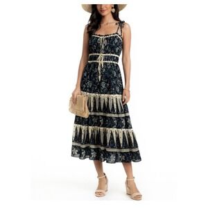 Christian Lacroix Tiered Floral Midi Dress in Cream and Navy, Womens Size Medium